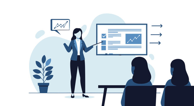 Business Presentation By A Confident Woman To Her Colleagues In Office