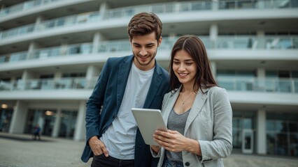 Business partners collaborate using a digital tablet near a modern office building, sharing ideas and working together on a project outdoors.