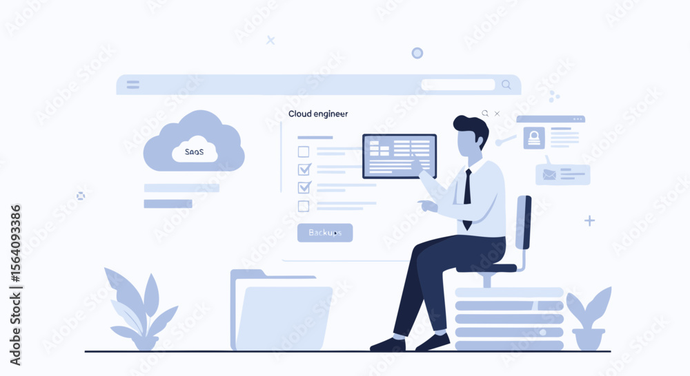 Wall mural cloud engineer manages software and data processes on line platform illustration