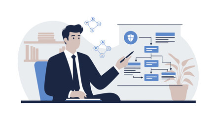 Fototapeta premium Businessman Presenting Data Security Flowchart During A Corporate Strategy Meeting
