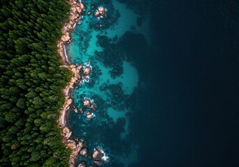 Fototapeta premium Aerial view of a lush forest meeting turquoise waters and rocky shoreline
