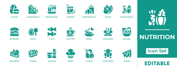Nutrition Icon Set. Features icons of healthy food, vitamins, meal planning, diet, organic produce, and nutrients. Perfect for wellness, healthcare, and food content.
