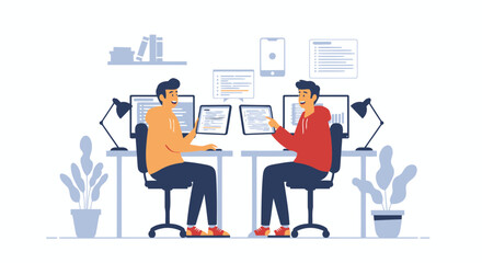 Collaborative Coding Two Developers Working On Software Projects Together At Desks