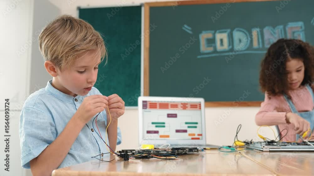 Poster diverse student working electronic board while laptop screen display coding engineering prompt and p