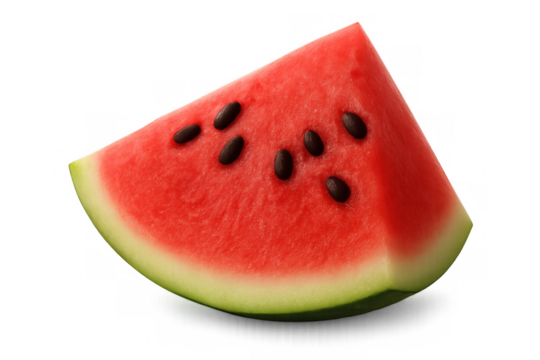 Ripe watermelon wedge, black seeds visible, bright green rind, highlighting seasonal freshness against transparent backdrop