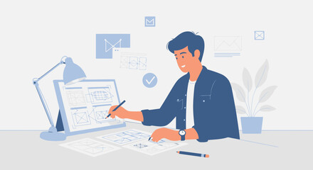 Creative Young Man Working On Website Interface Sketching Concept Design