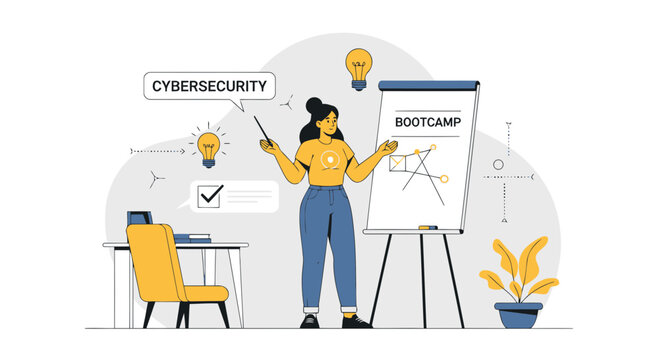 Cybersecurity Bootcamp Training Female Instructor Explaining Concept On Whiteboard