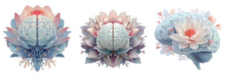Obraz premium Three brains surrounded by lotus flowers, symbolizing mental growth and health, isolated on transparent background