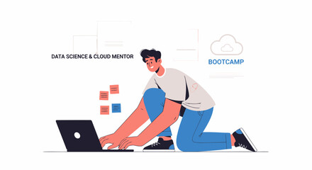 Dedicated Data Scientist Prepares For The Cloud Bootcamp On His Laptop