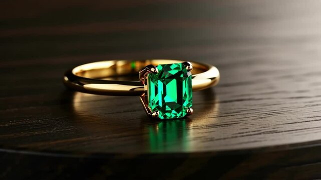 Elegant golden ring with green emerald on dark wood table, jewelry gift.