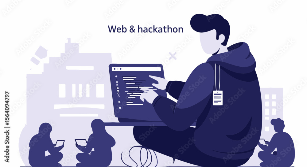 Poster developer team collaborating on software code at hackathon event in the city
