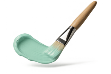 Paintbrush with an artistic mint green paint swipe, isolated on transparent background