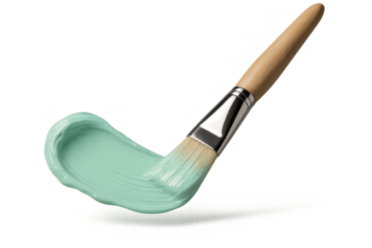 Paintbrush with an artistic mint green paint swipe, isolated on transparent background