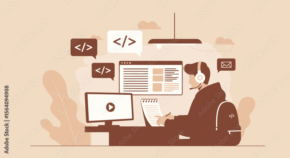 Poster developer working on project with headphones at desk coding learning online