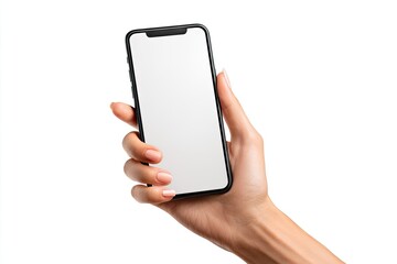 A woman's hand holds a black smartphone vertically, its blank white screen facing the viewer against a pure white background.  The hand is slightly angled, nails manicured