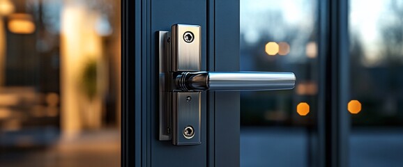 Elegant Door Handle: Modern Design, Polished Steel, Blue Tones, Bokeh Background