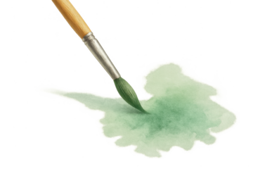 Paintbrush creating green watercolor stroke isolated on transparent background.