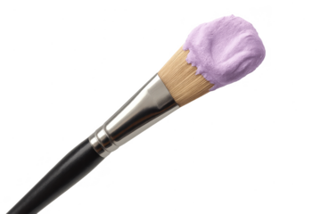 Artistic paintbrush with vibrant purple paint isolated on transparent background.