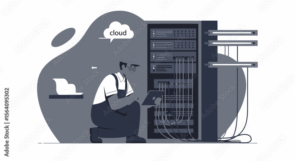 Poster engineer managing server farm for cloud computing infrastructure operations