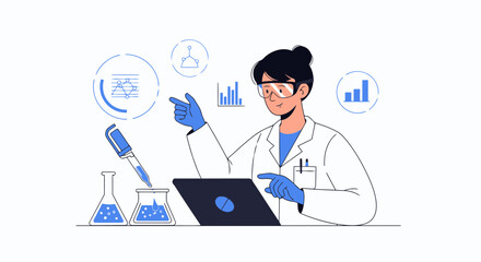 Female Scientist Conducts Research and Experiments in Laboratory Illustration