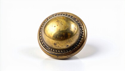 Single Rustic Brass Cabinet Knob with Patina on White Background