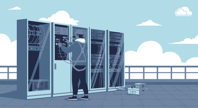 Engineer Performing Maintenance On Servers In Data Center On Skyscraper Rooftop