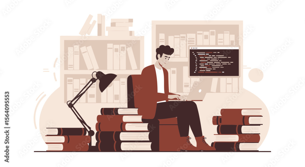 Poster focused coder at home working with laptop on stack of books illustration