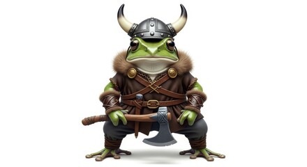 Adorable frog dressed as a Viking warrior, wearing a horned helmet and leather armor with fur trim, holding a weapon and shield, standing proudly on a white background