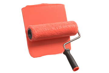 Obraz premium Paint roller applying vibrant coral-colored paint stroke isolated on transparent background