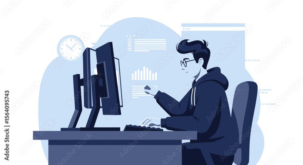 Poster focused programmer working at computer during late hours in home office