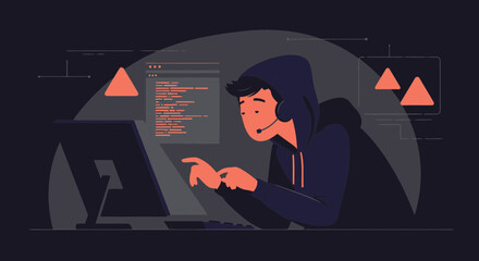 Hacker Working Late On Computer Cybersecurity Concept With Headset And Hoodie