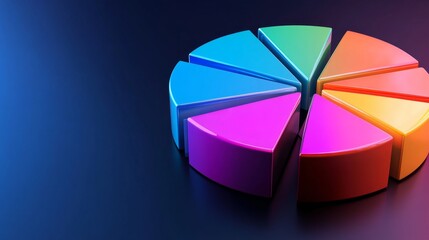 Obraz premium D pie chart with colorful parts stacked, holographic effect on dark gradient base