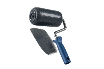 Paint roller with dark gray paint stroke, isolated on transparent background.