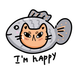 Comical sticker featuring a grumpy cat wearing a fancy fish hat. Funny vector design combines sarcasm and charm, perfect for humorous greeting cards or pet-themed prints.