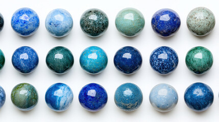 Colorful ceramic spheres arranged in neat pattern, showcasing various shades of blue and green, reflecting light beautifully