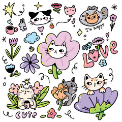 Collection of cute kawaii style cat stickers on white background. Cats in a fish suit, with flowers, in the form of a balloon, with stars. Fantastic printable kitties
