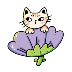 Soft and playful graphic of a kitten sitting on a blooming flower. Great for creative printables, cute character sets or adorable floral-themed compositions.