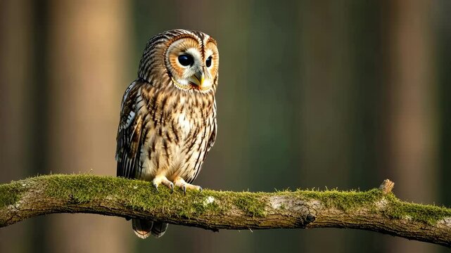 Tawny Owl perched on a mossy branch in the forest, looking straight at camera, wildlife scene.