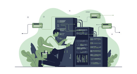 It Technician Working With Server Racks In A Datacenter Illustration