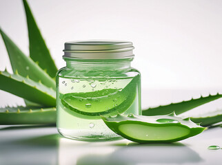 organic and natural aloe gel in a glass jar on white background. aloe leaves