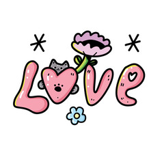 Charming vector sticker with love, cute cat with flowers and hearts. Illustration expresses love and joy, perfect for valentines or romantic decor.