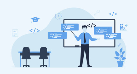Fototapeta premium Lecturer Explaining Code On Whiteboard In A Classroom Setting Presentation