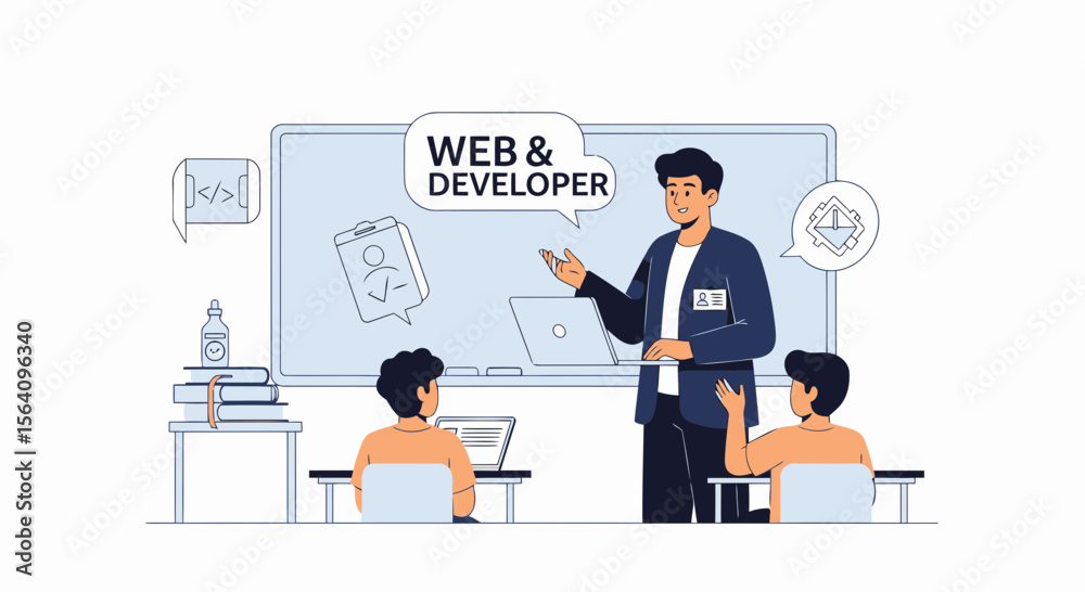 Poster instructor teaching web development skills to students in modern classroom setting
