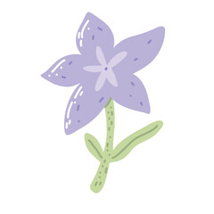 Cute illustration of an unusual blue flower with star-shaped petals and long green leaves. Decorative elements and soft pastel colors create a romantic mood.