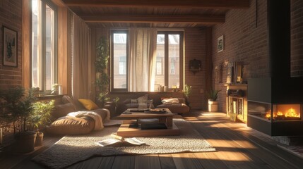 Cozy room with light beams, light rug, low seating, wood coffee table, and fireplace. Large windows and plants.