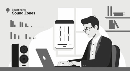 Man Managing Smart Home Sound Zones Using App and Laptop Illustration