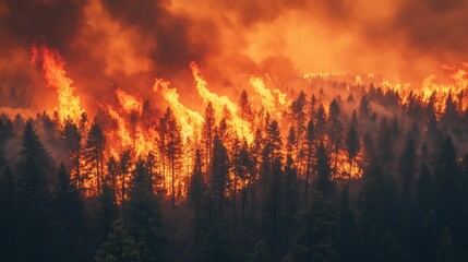 Dramatic aerial view of forest fire, towering flames and smoke rising above dense trees under orange sky