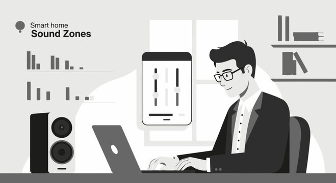 Man Managing Smart Home Sound Zones Using App and Laptop Illustration