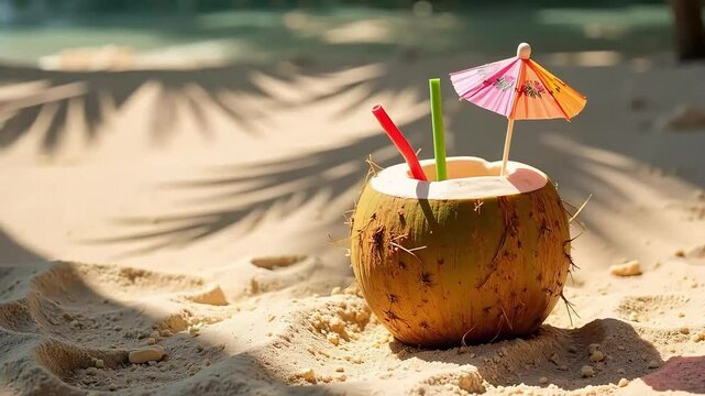 Tropical refreshing coconut cocktail on a sandy beach brings vacation vibes and relaxation