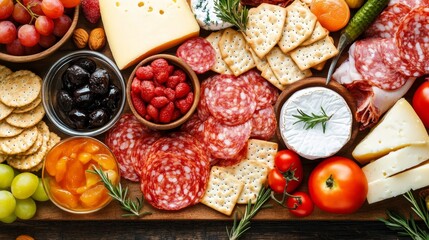 Flat lay of charcuterie board, beef, cheeses, crackers, fruits, and nuts artfully arranged